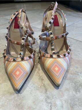 Valentino Rockstud Multicolor Striped Pointed Toe Slingback Heels